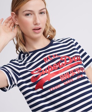 Superdry Vintage Logo Satin Stripe Női Pólók Sötétkék/Csíkok | ODLQE6173